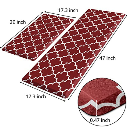 KMAT Kitchen Mat [2 PCS] 0.47inch Cushioned Anti-Fatigue Kitchen Rug, Waterproof Non-Skid Kitchen Mats and Rugs Heavy Duty PVC Ergonomic Comfort Standing Mat for Kitchen, Floor Home, Office, Sink, Red