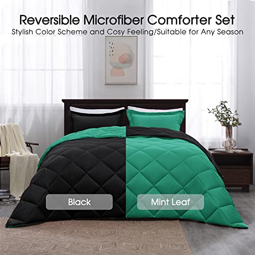 Basic Beyond King Size Comforter Set - Green Comforter Set King, Reversible King Bed Comforter Set for All Seasons, Black/Mint Leaf, 1 Comforter (104"x92") and 2 Pillow Shams (20"x36"+2")