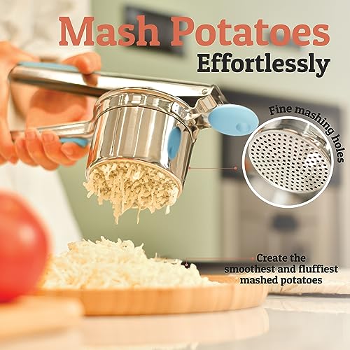 PriorityChef Large 15oz Potato Ricer, Heavy Duty Stainless Steel Potato Masher and Ricer Kitchen Tool, Press and Mash Kitchen Gadget For Perfect Mashed Potatoes - Everytime, Silver and Turquoise