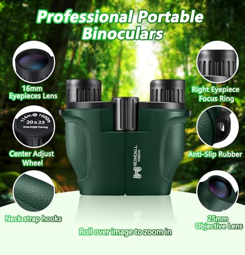 Small Compact Binoculars Adults Kids: 20x25 High Powered Mini Pocket Binocular for Bird Watching, Waterproof Portable Powerful Binoculars, Lightweight Easy Focus Binoculars for Concert, Outdoor Hiking