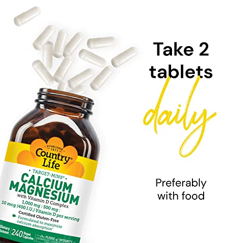 Country Life Target-Mins Calcium Magnesium with Vitamin D-Complex, 1000mg/500mg/10mcg, 240 Vegan Capsules, Certified Gluten Free, Certified Vegan, Verified Non-GMO Verified