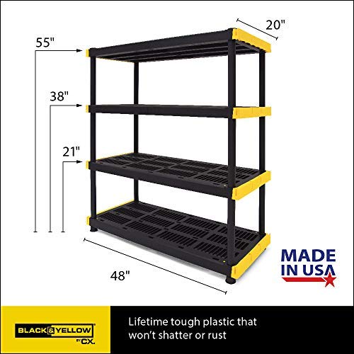 CX Black & Yellow®, 4-Tier Heavy Duty Plastic Storage Shelving Unit, 200lbs/shelf (55”H x 48”W x 20”D), for Indoor/Outdoor Organization, Modular Rack