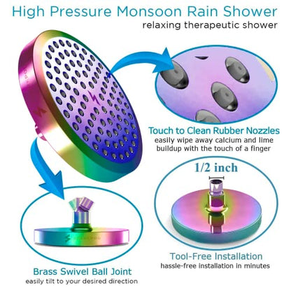 SparkPod Shower Head - High Pressure Rain - Luxury Modern Look - Tool-less 1-Min Installation - Adjustable Replacement for Your Bathroom Shower Heads (Radiant Rainbow, 6 Inch Round)