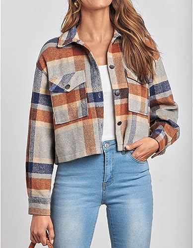 CFLONGE 2023 Casual Cropped Shacket Jackets Women Fashion Button Down Plaid Shirt for Women Long Sleeve Flannel Blouses Top(Dark Blue,Large)