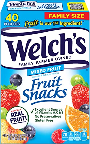 Welch's Fruit Snacks, Mixed Fruit, Gluten Free, Bulk Pack, Individual Single Serve Bags, 0.8 oz (Pack of 40)