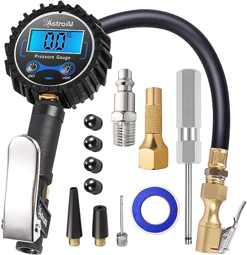 AstroAI Digital Tire Pressure Gauge with Inflator(3-250 PSI for 0.1 Display Resolution), Heavy Duty Air Chuck and Compressor Accessories with Rubber Hose and Quick Connect Coupler Car Accessories.