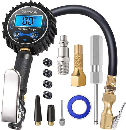 AstroAI Digital Tire Pressure Gauge with Inflator(3-250 PSI for 0.1 Display Resolution), Heavy Duty Air Chuck and Compressor Accessories with Rubber Hose and Quick Connect Coupler Car Accessories.