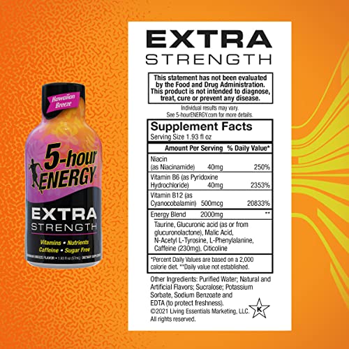 5-hour ENERGY Extra Strength Energy Shot | Hawaiian Breeze Flavor | 1.93 oz. | 24 Count | Sugar-Free & Zero Calories | B-Vitamins & Amino Acids | 230mg Caffeinated Energy Shot | Dietary Supplement