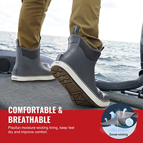 Piscifun Men’s Deck Boots, Waterproof Fishing Rain Boots, Anti-Slip Rubber Boots with Breathable Neoprene Lining, Grey,10