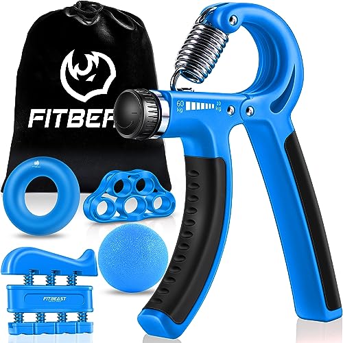 Hand Grip Strengthener Workout Kit (5 Pack) FitBeast Forearm Grip Adjustable Resistance Hand Gripper, Finger Exerciser, Finger Stretcher, Grip Ring & Stress Relief Grip Ball for Athletes (Light Blue)