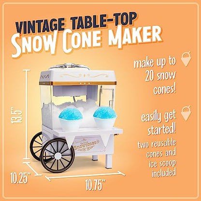 Nostalgia Snow Cone Shaved Ice Machine - Retro Table-Top Slushie Machine Makes 20 Icy Treats - Includes 2 Reusable Plastic Cups & Ice Scoop - White