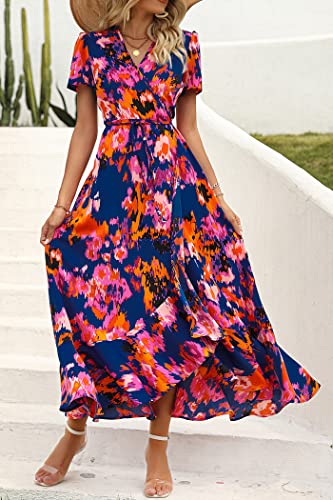 PRETTYGARDEN Women's Summer Wrap Maxi Dress Casual Boho Floral V Neck Short Sleeve Ruffle Hem Split Beach Long Dresses (Blue Orange Floral,XX-Large)