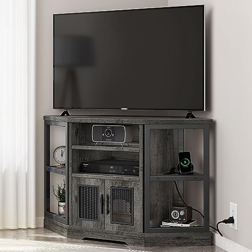 YITAHOME Corner TV Stand for TVs up to 55 Inch with Power Outlet, Modern Farmhouse Entertainment Center, Wood TV Media Console with Storage Cabinets Shelves for Living Room Bedroom, Gray Oak