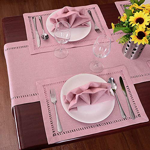 Grelucgo Large Handcrafted Solid Color Dining Table Runner, Double-Hemstitched (Pink, 14 x 120)