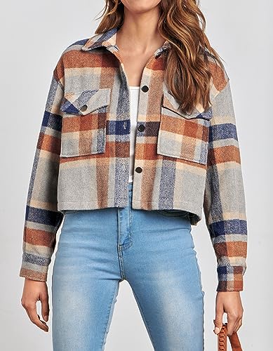 CFLONGE 2023 Casual Cropped Shacket Jackets Women Fashion Button Down Plaid Shirt for Women Long Sleeve Flannel Blouses Top(Dark Blue,Large)