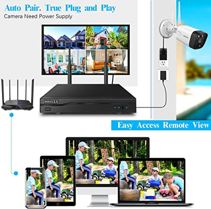 (5.5MP & PIR Detection) 2-Way Audio, Dual Antennas Security Wireless Camera System 3K 5.0MP 1944P Wireless Surveillance Monitor NVR Kits with 4TB Hard Drive, 8Pcs Outdoor WiFi Security Cameras