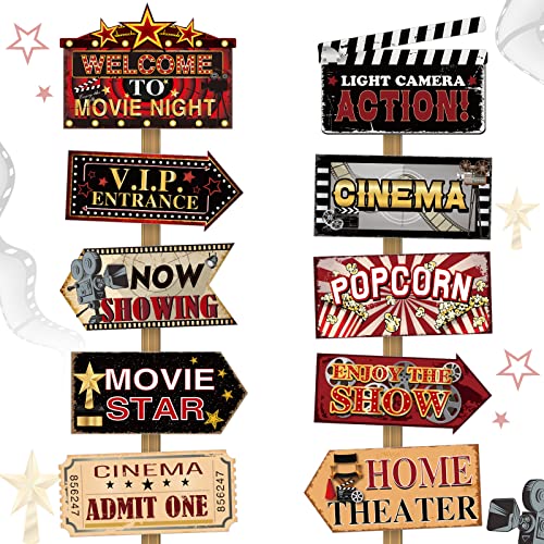 Pinkunn 20 Pcs Movie Night Party Decorations Movie Theater Party Directional Sign Vintage Theater Room Decor Accessories Movie Living Room Decor for Movie Night Birthday Party Supplies