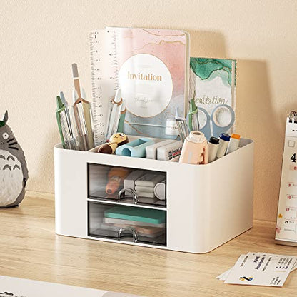 Marbrasse Pen Organizer with 2 Drawer, Multi-Functional Pencil Holder for Desk, Desk Organizers and Accessories with 5 Compartments + Drawer for Office Art Supplies (White)