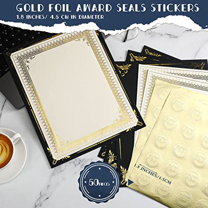 Fainne 50 Sets Certificate Kit Includes 50 Pcs 9.5 x 12 Inch Certificate Holders 50 Pcs Letter Size Certificate Papers 50 Pcs Gold Foil Award Seals Diploma Covers for Appreciation (Black)