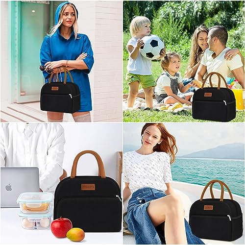 Coobiiya Lunch Bag Women, Lunch Box Lunch Bag for Women Adult Men, Small Leakproof Cute Lunch Tote Large Capacity Reusable Insulated Cooler Lunch Container for Work/Office/Picnic/Travel-Black