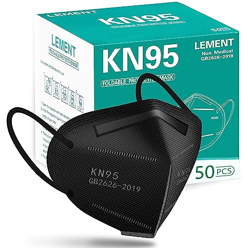 LEMENT 50pcs KN95 Face Mask Black 5 Layer Cup Dust Safety Masks Filter Efficiency≥95% Breathable Elastic Ear Loops Black Masks