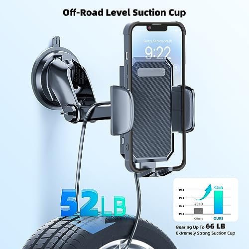 FBB Phone Mount for Car, [ Off-Road Level Suction Cup Protection ] 3in1 Long Arm Suction Cup Holder Universal Cell Phone Holder Mount Dashboard Windshield Vent Compatible with All Smartphones