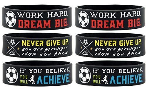 (6-Pack) Motivational Soccer Wristbands with Sports Quotes - Soccer Gifts Jewelry Accessories for Soccer Players Team Awards Party Favors - Unisex for Men Women Youth Teen Girls Boys