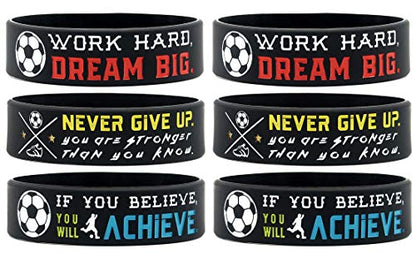 (6-Pack) Motivational Soccer Wristbands with Sports Quotes - Soccer Gifts Jewelry Accessories for Soccer Players Team Awards Party Favors - Unisex for Men Women Youth Teen Girls Boys