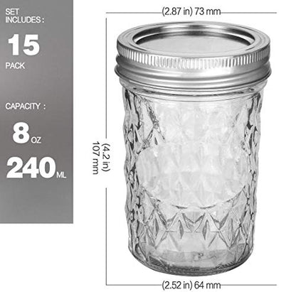 VERONES Mason Jars 8 OZ, 8 OZ Canning Jars Jelly Jars With Regular Lids, Ideal for Jam, Honey, Wedding Favors, Shower Favors, 15 PACK