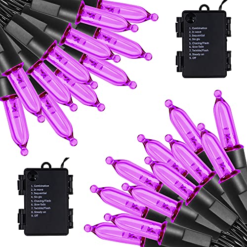 WATERGLIDE 2 Pack 50 LED Outdoor Halloween Lights, 16 FT Mini String Light with 8 Modes, Waterproof Battery Operated Tree Lights for Indoor Outdoor Patio Garden Party Wedding Decoration, Purple