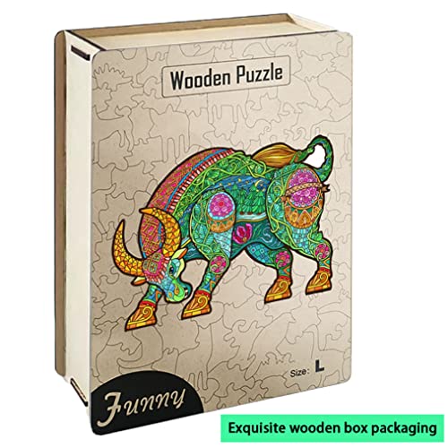 Wooden Puzzle for Adults, Unique Animal Shaped Wooden Jigsaw Puzzles with 168 Pieces, Sturdy Laser Cut Wood Jigsaw Puzzles, Good Families Games and Gifts (Bull, Large Size)