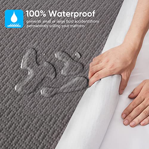 Hanherry 100% Waterproof Mattress Protector Twin Size - Grey, Bamboo Mattress Cover 3D Air Fabric Cooling Mattress Pad Cover Smooth Soft Breathable Noiseless, 8''-21'' Deep Pocket