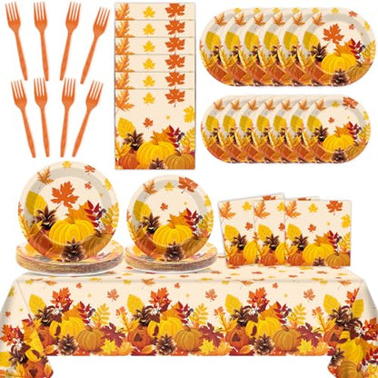 24 Guests Thanksgiving Plates and Napkins Sets Fall Party Supplies Tablecloth Plates Napkins Forks Set, Autumn Leaves Disposable Tableware Decorations Pumpkin Maple Fall Party Decorations Favors