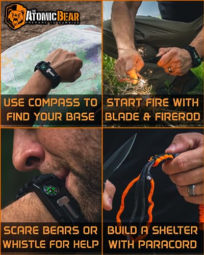 Atomic Bear Paracord Bracelet (2 Pack) - Adjustable - Fire Starter - Loud Whistle - Perfect for Hiking, Camping, Fishing and Hunting - Black & Black+Orange