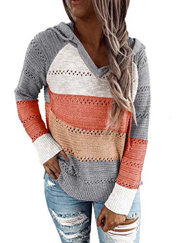 BLENCOT Women's Fall Hoodies Color Block Pullover Sweaters Warm Casual Loose Knitted Hooded Sweatshirts Tops Clothing Gray XL