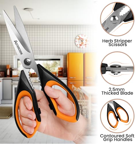 Astercook Kitchen Shears, Kitchen Scissors Heavy Duty Serrated Blade, PP+TPR Handle Shears, Ideal for Poultry, Herbs, Vegetables, Durable and Ergonomic Design (Black Red, Black Orange, Black Grey)