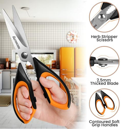 Astercook Kitchen Shears, Kitchen Scissors Heavy Duty Serrated Blade, PP+TPR Handle Shears, Ideal for Poultry, Herbs, Vegetables, Durable and Ergonomic Design (Black Red, Black Orange, Black Grey)