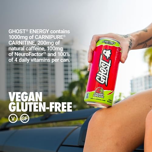 GHOST ENERGY Sugar-Free Energy Drink - 12-Pack, Cherry Limeade, 16oz - Energy & Focus & No Artificial Colors - 200mg of Natural Caffeine, L-Carnitine & Taurine - Gluten-Free & Vegan