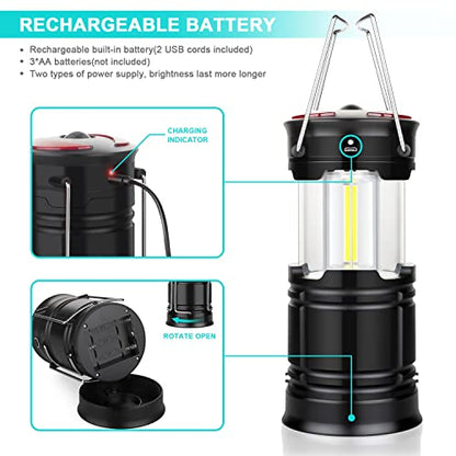 2 Pack Camping Lanterns Camping Accessories USB Rechargeable and Battery Powered 2-in-1 LED Lanterns, Hurricane Lights with Flashlight and Magnet Base for Camping, Hurricane, Hiking, Emergency, Outage