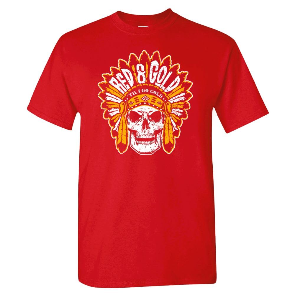 Red & Gold Til I Go Cold Men's Skull T-Shirt for Kansas City Fans (Red Shirt, L)