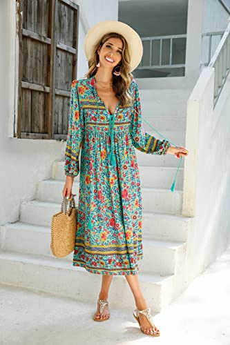 R.Vivimos Women's Long Sleeve Floral Print Retro V Neck Tassel Bohemian Midi Dresses (2XL, Green)