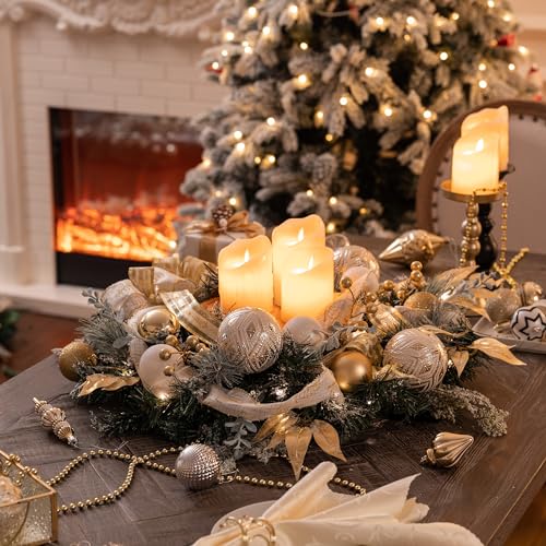 Valery Madelyn Pre-Lit Christmas Wreath for Front Door with Lights, 24 Inch Large Lighted Christmas Wreath with White Gold Xmas Ball for Fireplace Window Outdoor Table Centerpiece Holiday Decoration