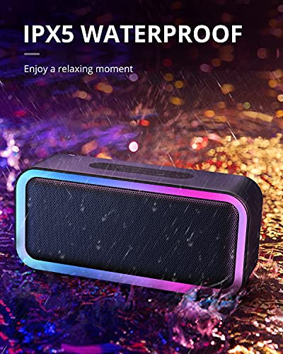 Kunodi Bluetooth Speaker, Bluetooth 5.0 Wireless Portable Speaker with 10W Stereo Sound, Party Speakers with Ambient RGB Light,IPX5 Waterproof Speakers for Outdoors, Travel（Black