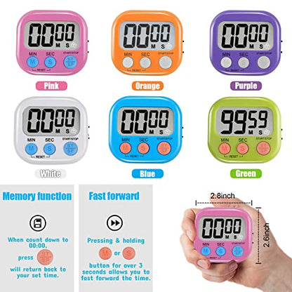 6 Pack Multi-Function Electronic Timer - Magnetic Digital Timers Big LCD Display The Loud/Silent Switch Countdown Timer Extensively Use in Break Time, Cooking,Gym, Meeting, Classroom