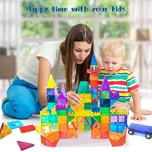 AFUNX 130 PCS Magnetic Tiles Building Blocks 3D Clear Construction Playboards, Inspiration , Creativity Beyond Imagination, Educational Magnet Toy Set for Kids with 2 Cars