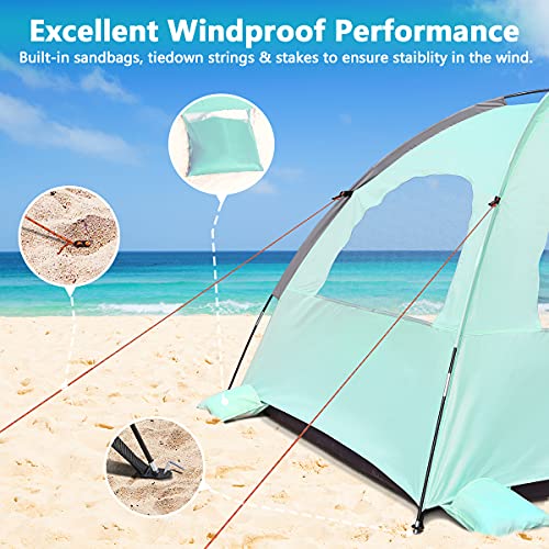 NXONE Beach Tent Sun Shade Shelter for 2-3 Person with UV Protection, Extended Floor, 3 Mesh Roll Up Windows & 8.0mm Fiberglass Rods丨Carry Bag, Stakes, Guy Lines Included (Mint Green)