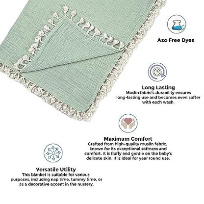 Crane Baby Muslin Swaddle Blanket, Soft Cotton Lightweight Nursery and Stroller Blanket for Baby Boys & Girls, Evergreen, 30" x 40"