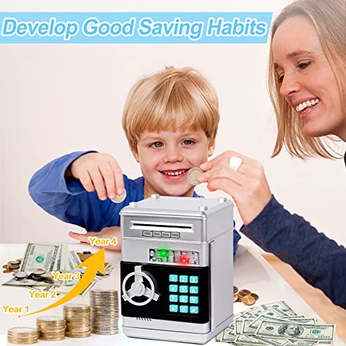 Refasy Kids Piggy Bank Safe for Girls Money Saving Box Password Cash Coin Can ATM Bank for Children Great Christmas Birthday Gift Toy, Silver