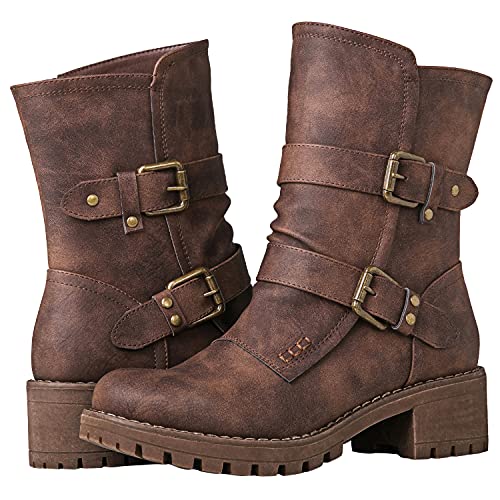 GLOBALWIN Women's Biker Boots Lace up Mid Calf Motorcycle Fashion Festival Boots Combat Riding Military Boots for Women Brown 8.5M