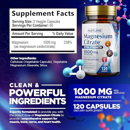 Magnesium Citrate 1000mg - Max Absorption & High Potency Magnesium Complex Supplement for Heart, Muscle, Nerve, Bone Health & Stress Relief - Non-GMO, Gluten-Free - 120 Vegan Capsules